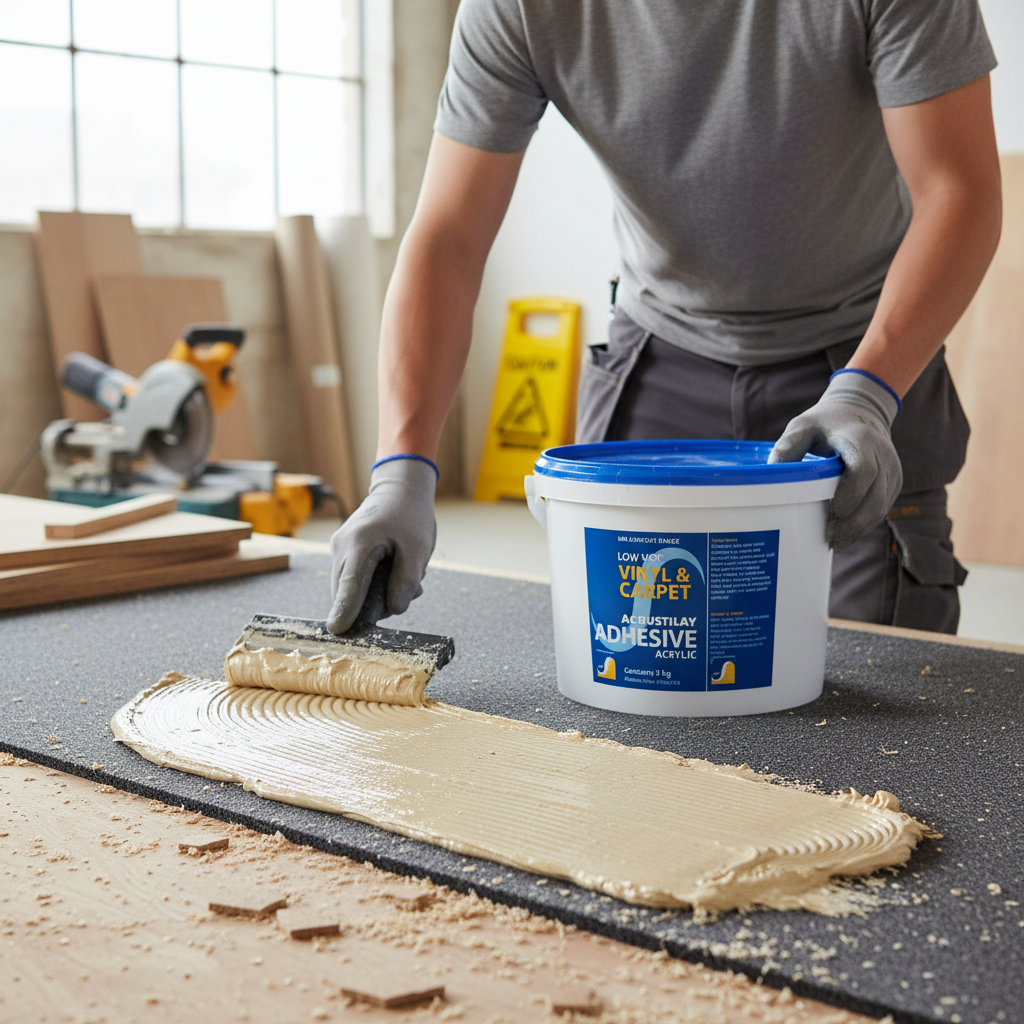 Person using a notched trowel to apply Premium Acrylic Adhesive for Flooring Products - 5L & 15L Tub with High Coverage, ideal for soundproofing and acoustic projects, in a workshop setting.