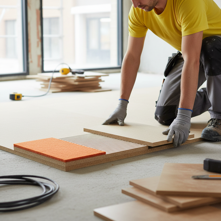 Tradesperson installing the Professional Acoustic Fast-Track Subfloor Preparation System for Resilient Floorings, showcasing its soundproof and noise reduction qualities with visible orange foam layer for acoustic insulation.