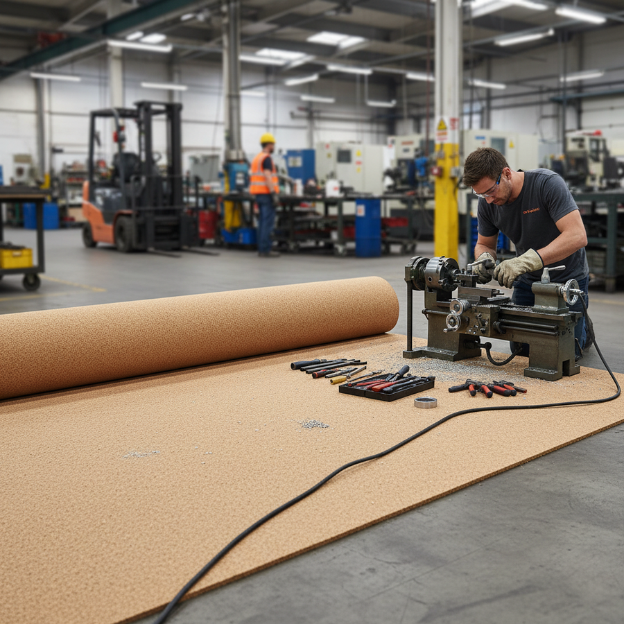 Premium Fine Grain Large Cork Roll 3m x 1.22m for Interior Walls - Various Thicknesses Available, displayed on a workshop floor with a lathe and tools, highlighting its soundproof and acoustic insulation properties.