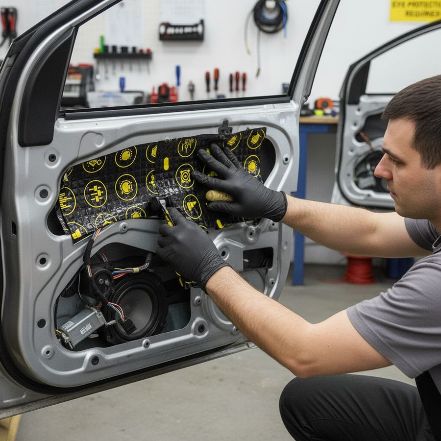 Technician installs Premium Sound Deadening Speaker Kit for Enhanced Bass Response—4 Sheets, 2mm Thickness with Aluminum Foil—inside car door, applying soundproof, acoustic noise reduction, and vibration damping material for superior audio quality.