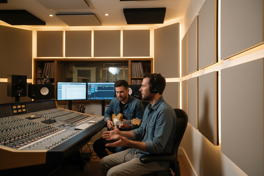 Premium Acoustic Tile 600mm x 1200mm - High-Performance Sound Absorption Solution for Suspended Ceilings; visible in a modern music studio control room, enhancing soundproofing and acoustic insulation for precise noise reduction.