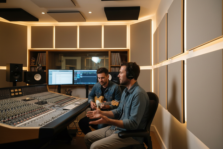 Premium Acoustic Tile 600mm x 1200mm - High-Performance Sound Absorption Solution for Suspended Ceilings; visible in a modern music studio control room, enhancing soundproofing and acoustic insulation for precise noise reduction.