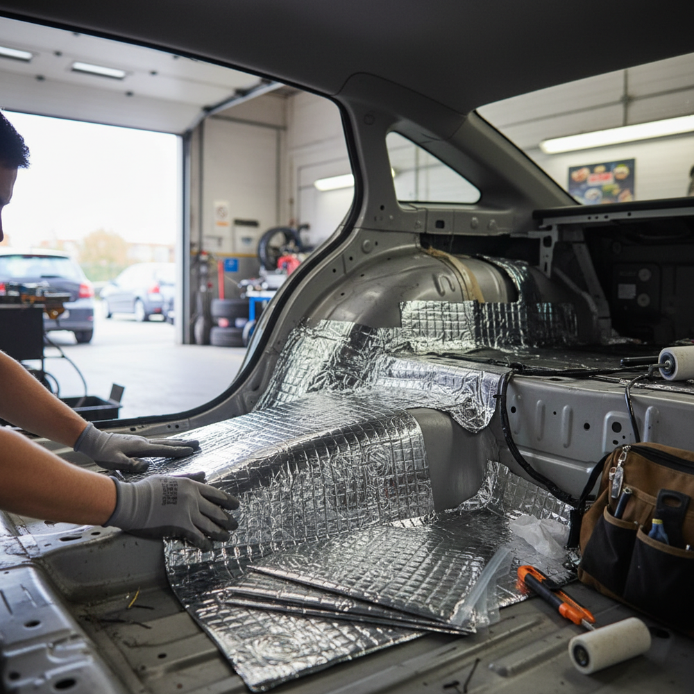Technician installs Premium 4mm Damping Mat - 23 Sheet Pack for Noise and Vibration Reduction in Vehicles, using soundproof, acoustic insulation sheets to reduce noise and vibrations, enhancing vehicle comfort. Tools visible nearby.