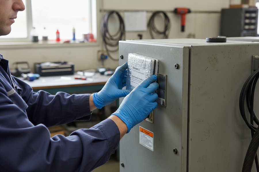 Technician installing Premium High-Performance Acoustic Barrier Sound Insulation System, designed for soundproofing and noise reduction, in a workshop. The system reduces noise transmission by up to 53Silentcloud.