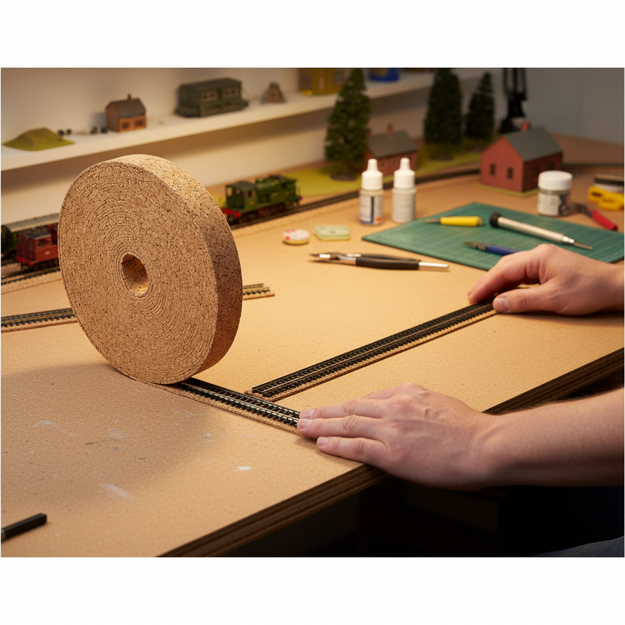 High-Performance Model Railway Cork Track Underlay Roll 10 Meters Long, 3mm Thick for Enhanced Sound and Vibration Dampening, shown being pressed onto a layout with hobby tools and miniature scenery, ideal for soundproof model setups.