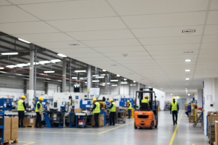 Premium Acoustic Tile 600mm x 1200mm - High-Performance Sound Reduction for Suspended Ceilings visible in a bustling factory setting, illustrating their application in noise reduction and soundproofing for industrial environments.