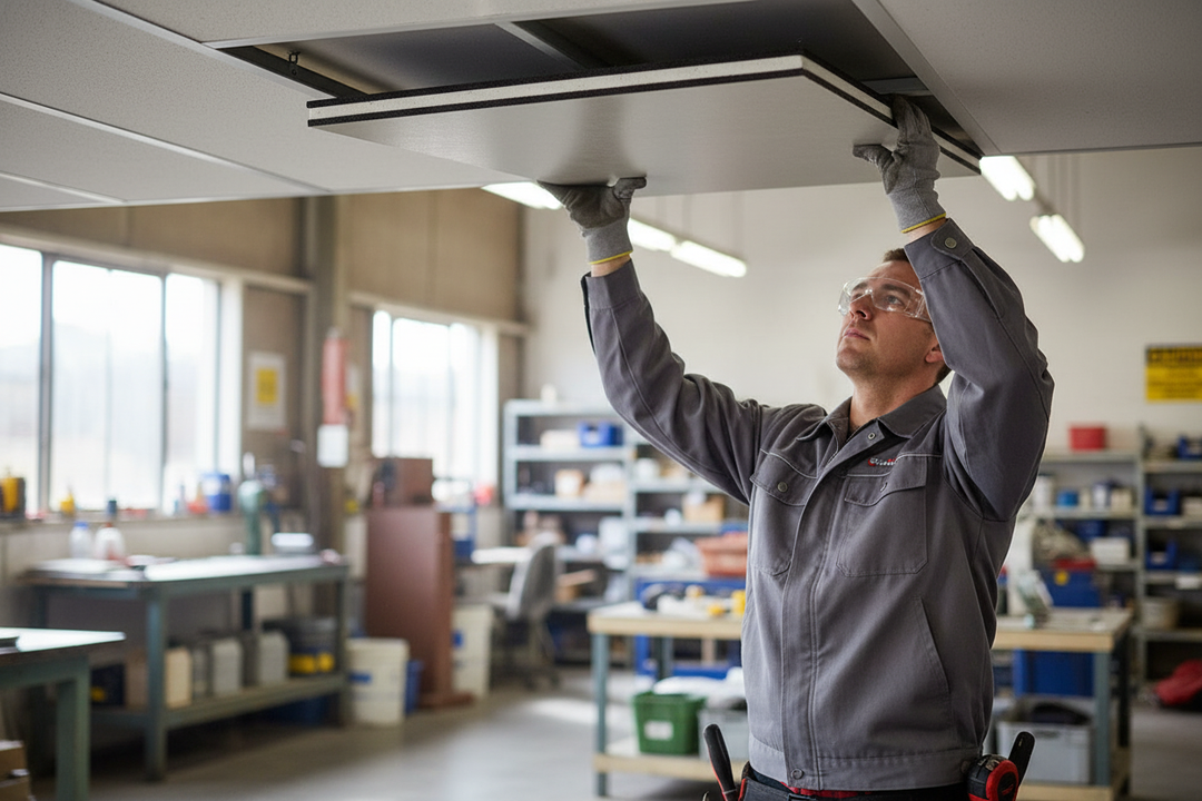Technician in a workshop installs a Premium Acoustic Tile 600mm x 1200mm, a high-performance sound absorption solution for suspended ceilings, emphasizing soundproofing and noise reduction.