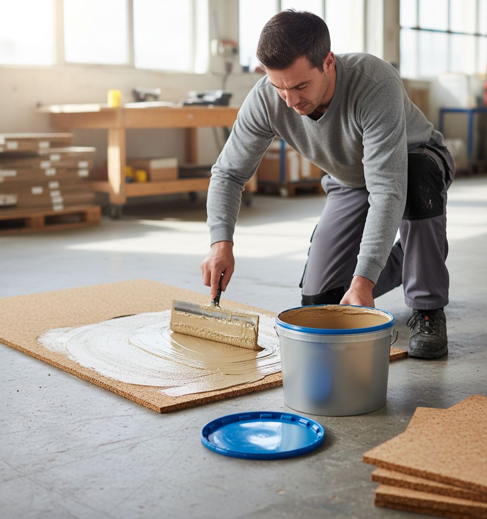 Man applying Professional Heavy Duty Cork Adhesive 5kg Tub for Easy Installation on Plywood, MDF, and OSB Surfaces, ideal for soundproofing and acoustic projects. Visible tools and cork panels emphasize noise reduction work.