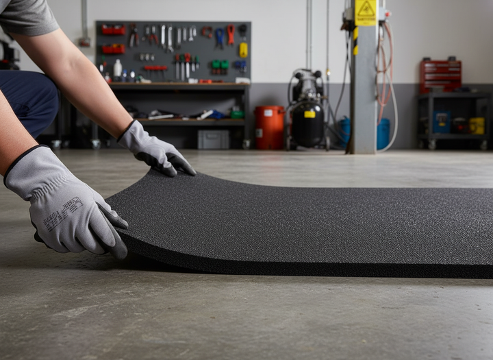 Person laying out Premium Acoustic M20 Rubber Sheets - 20mm Thickness for Effective Sound Insulation, 1m x 1m Size, on workshop floor, designed for soundproofing, acoustic insulation, and vibration damping.