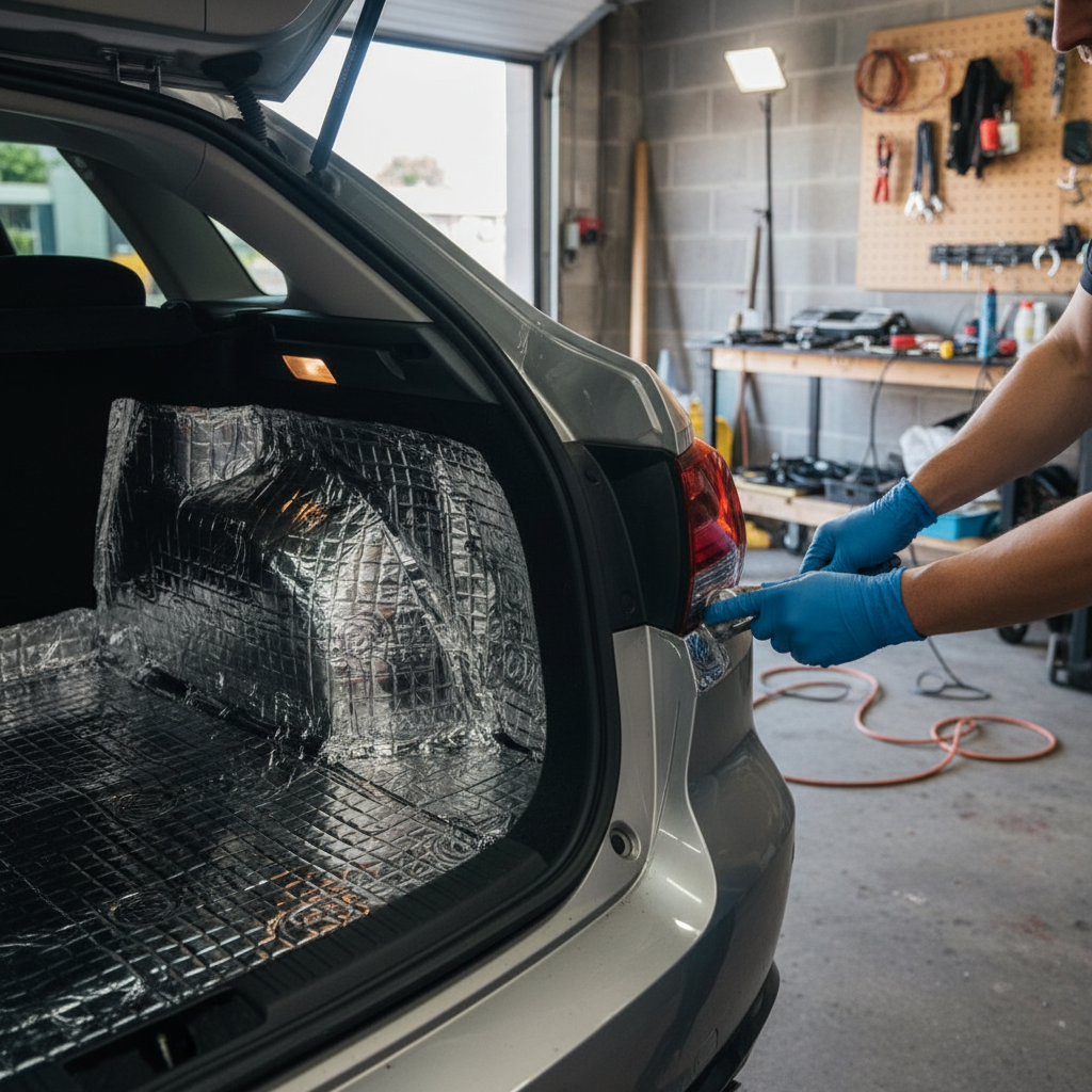 Premium 4mm Damping Mat Pack - 12 Sheets for Noise and Vibration Reduction in Vehicles shown installed in a car trunk. A person adjusts trim near the taillight. Ideal for soundproofing and acoustic insulation.