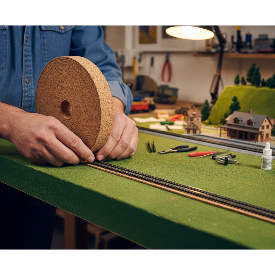 Premium Model Railway Cork Track Underlay Roll 10 Meter Long x 30mm x 4mm Thick is shown in use at a hobby workbench, providing soundproof and acoustic noise reduction for model railway stability.