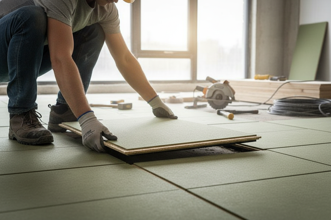 High-Performance Acoustic Floor Board Panel 33 - 33mm Thick, 2.4m x 0.6m for Superior Soundproofing being installed by a tradesperson, highlighting its soundproof, acoustic, and noise reduction capabilities.
