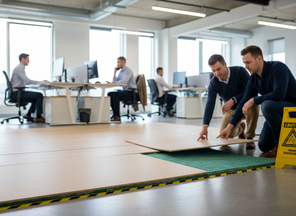 Business-casual workers install Premium High-Performance Acoustic Panel 17mm over green underlay in office, highlighting soundproof, noise reduction, and easy installation for superior acoustic insulation and vibration damping.
