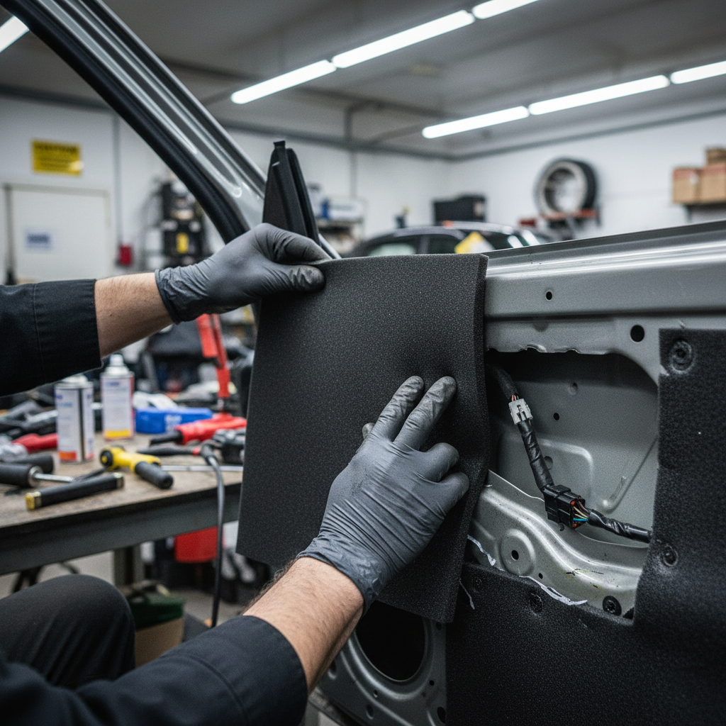Technician fitting Premium Self-Adhesive Flexible Foam Liner 12mm Sheets for Vehicle Insulation and Sound Absorption onto car door, enhancing soundproofing, acoustic insulation, noise reduction, and vibration damping.