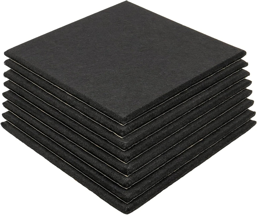 12mm Acoustic Insulation Foam Sheet Dark Grey Class O, featuring a stack of black square felt pads for soundproofing, noise reduction, and vibration damping, ideal for protecting floors and enhancing acoustic insulation.