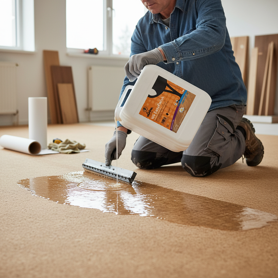 Tradesman applying Premium Waterborne Gloss Finish for Natural Cork and Hardwood Flooring, 5L - High Durability and Slip Resistance for High-Traffic Areas, enhancing soundproofing and acoustic insulation in floor renovation.