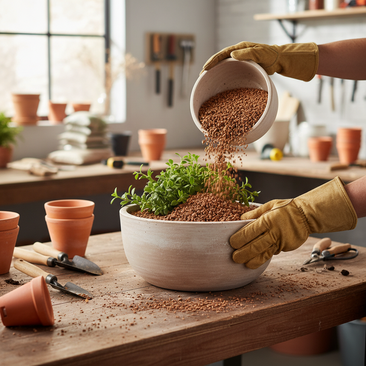 A person in leather gloves pours Premium High-Performance Cork Granules 12 Litres - 3-7mm Size, 65-75kg/m³ Density for Construction and Sports Applications into a planter, ideal for soundproofing and acoustic insulation.