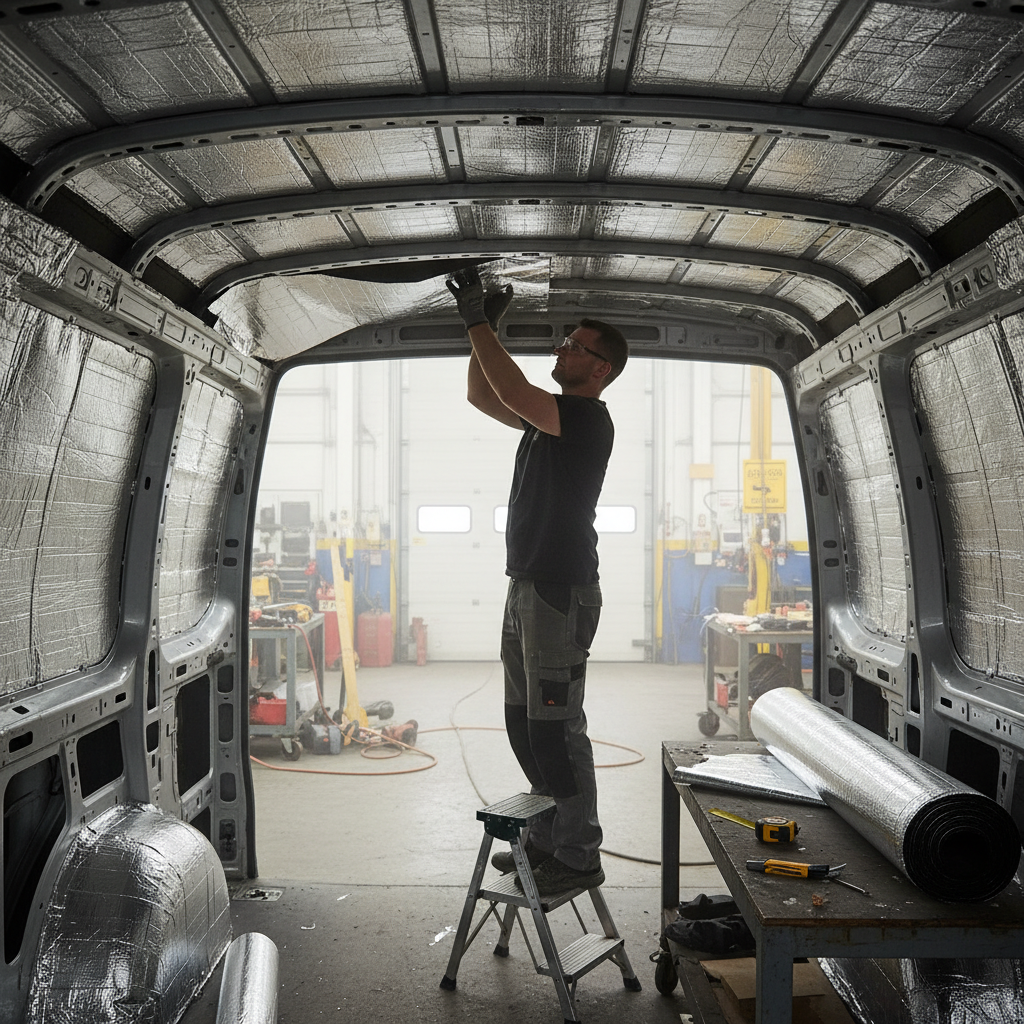 Man on a stepladder installs Premium 6mm Thermo Liner Roll - 10m² High-Performance Insulation for Vans and Campers, enhancing soundproofing and acoustic insulation with tools nearby in a workshop setting.