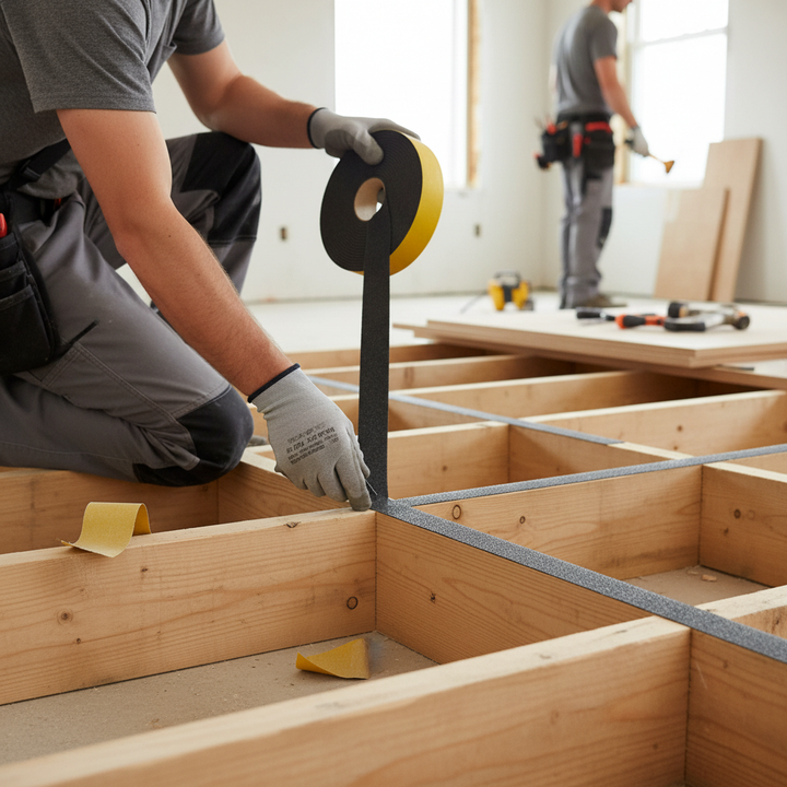 Premium Self-Adhesive Silentcloud Isolation Roll - 10000m x 100mm x 5mm for Acoustic Transfer Limitation being applied by a tradesman to floor joists, illustrating its role in soundproofing and vibration damping.