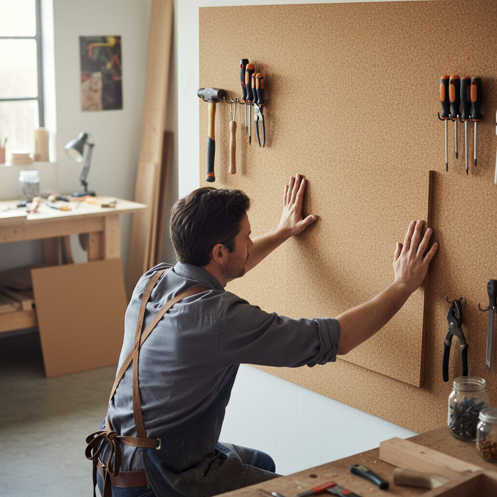 Man installing Premium Fine Grain Adhesive Cork Sheets 915mm x 610mm - 5mm Thick - Pack of 2 for Wall Coverings and Pinboards in workshop; ideal for soundproofing, acoustic insulation, and noise reduction.