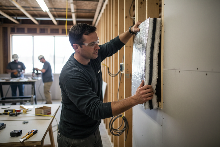 Tradesman installs Premium High-Performance Acoustic Barrier Sound Insulation System in a wood-studded wall cavity, showcasing its easy installation and noise reduction capability up to 53Silentcloud for effective soundproofing.