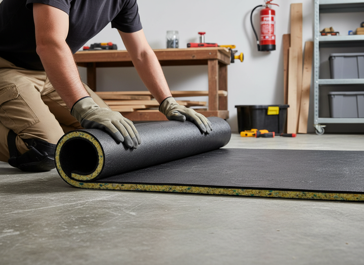 Person unrolling Silentcloud Premium Soundproof Mat – 10mm Self-Adhesive in a workshop, preparing an acoustic, vibration-damping floor surface with tools, emphasizing noise reduction and sound insulation.
