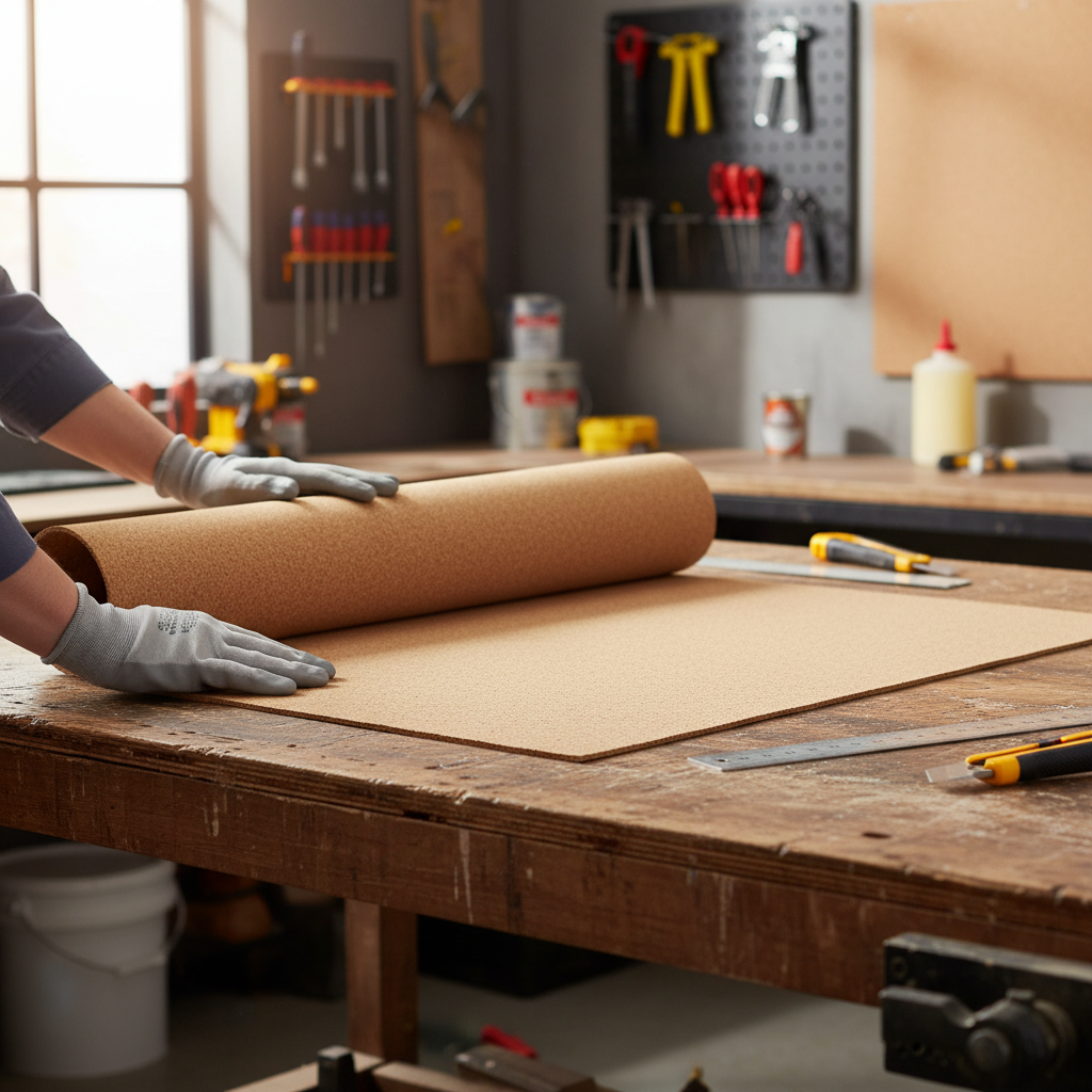 Person unrolling Premium Fine Grain Large Cork Roll 7m x 1m - 2mm Thick for Interior Walls on a workbench, ideal for soundproofing, acoustic insulation, noise reduction, and vibration damping in residential and commercial spaces.