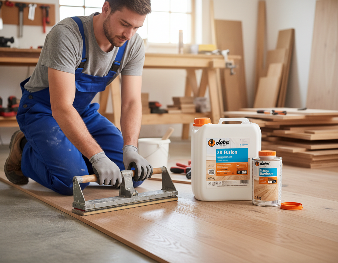 Installer applying Premium 2K Polyurethane Floor Finish - Waterborne, 5KG, known for its excellent wear and chemical resistance, to oak planks. Nearby are 2K Fusion adhesive and Hardener jugs.