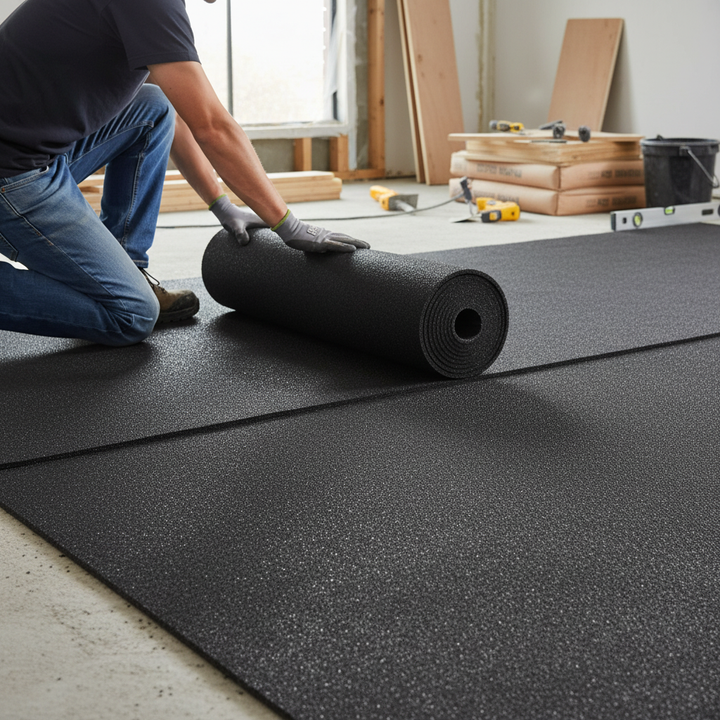 Person unrolling Premium 5MM Acoustic Underscreed 10M2 Roll, ideal for soundproof flooring applications, amidst renovation tools and materials, showcasing noise reduction and sound insulation in residential or commercial settings.