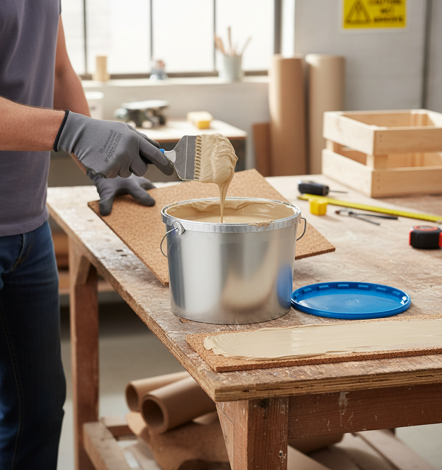 Person applies Premium 2.5kg Cork Adhesive Tub for 10m2 Coverage - Solvent-Free with Low Emissions for Porous Surfaces onto cork, ideal for acoustic soundproofing and noise reduction in home and studio settings.