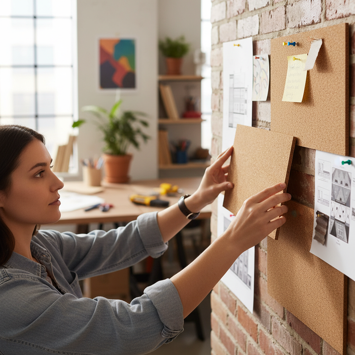Woman adjusting Premium Self Adhesive Natural Cork Wall Tiles, 440mm x 300mm, 10mm thick, in a bright workspace. Ideal for soundproofing, acoustic insulation, and noise reduction in home offices or studios.