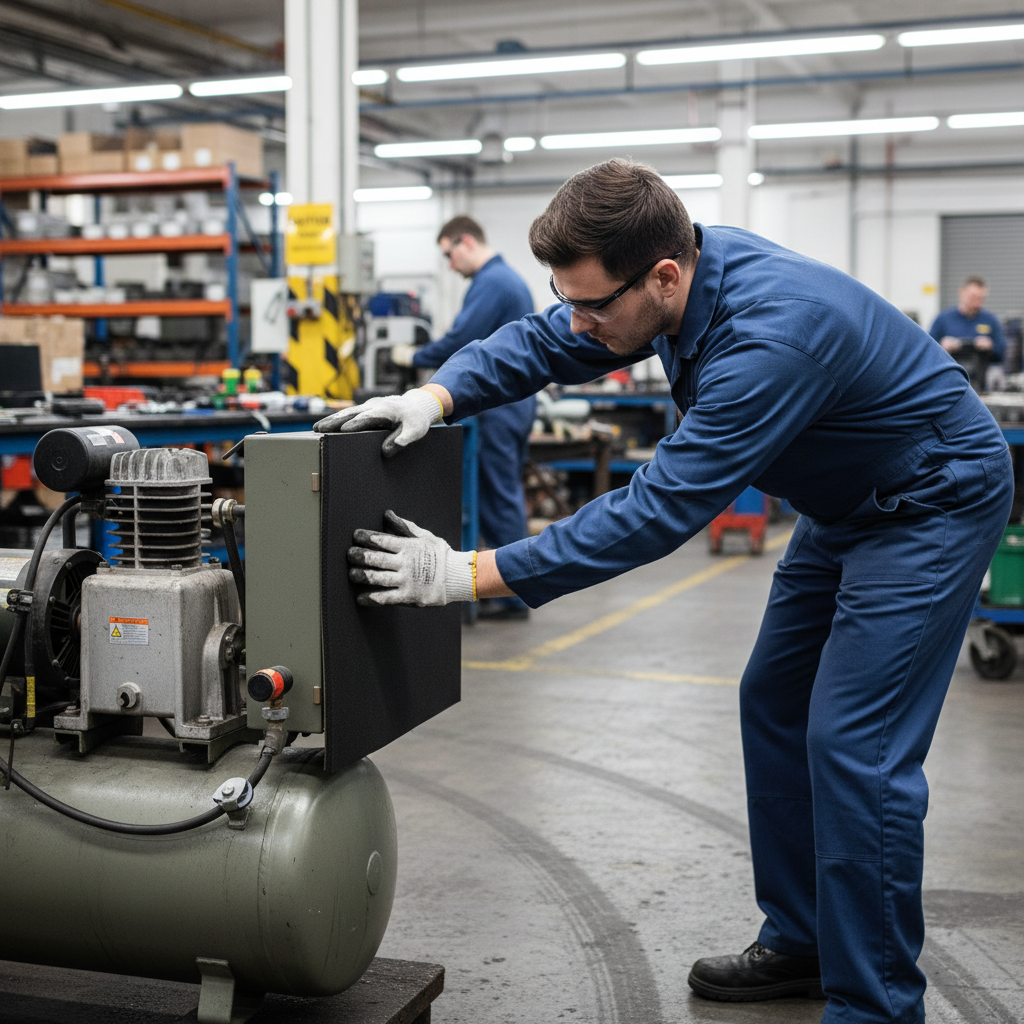 Technician in blue coveralls services machinery in a factory. Foreground: Premium Self-Adhesive Thermo-Acoustic Material, 800x500mm, 6mm Thick for noise reduction and heat insulation, ideal for soundproofing and vibration damping.