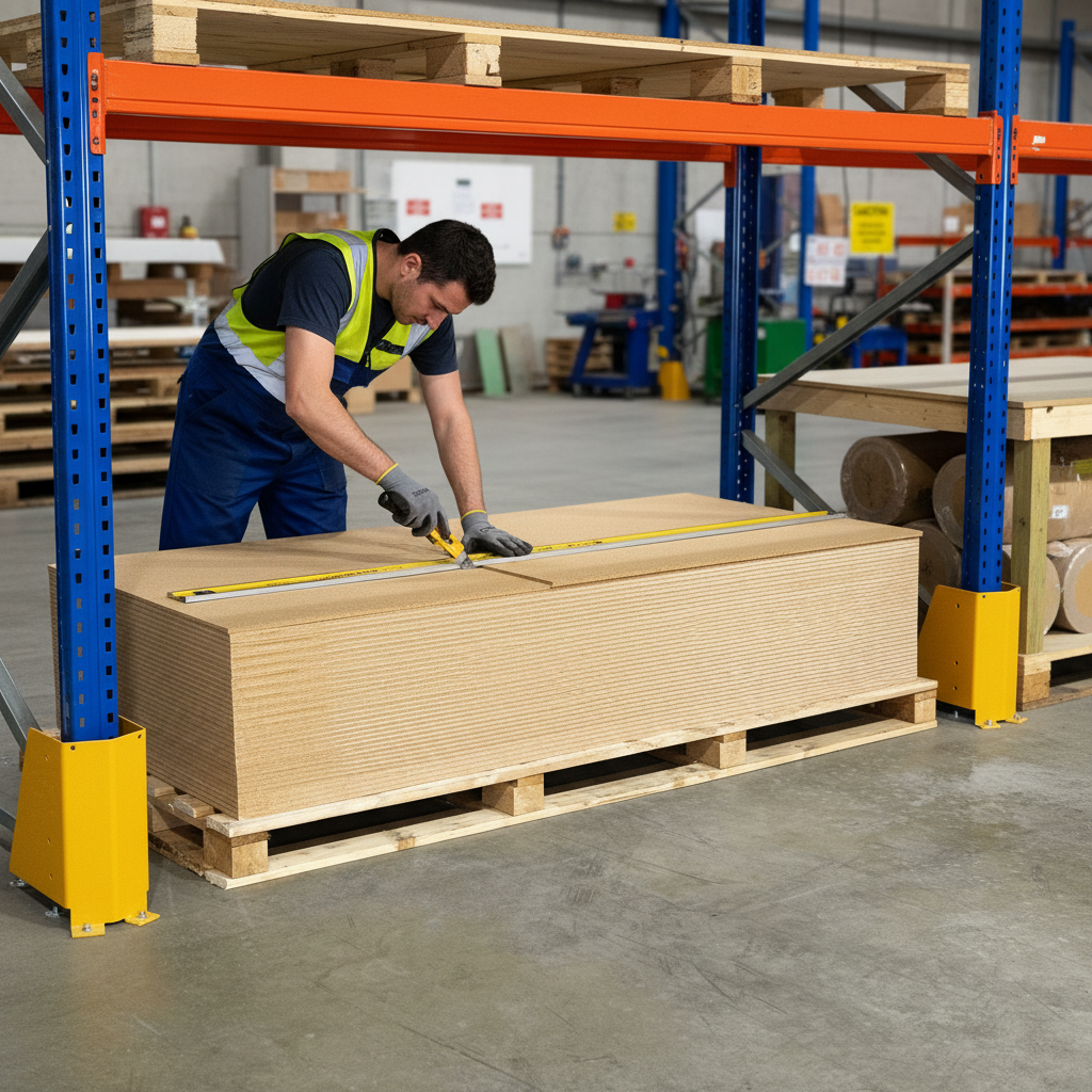 Man measuring Cork Backed MDF Sheet 2400x950mm 9mm Total Thickness in warehouse. Ideal for soundproof applications, offering acoustic insulation and noise reduction. Suited for wall coverings and pinboards.