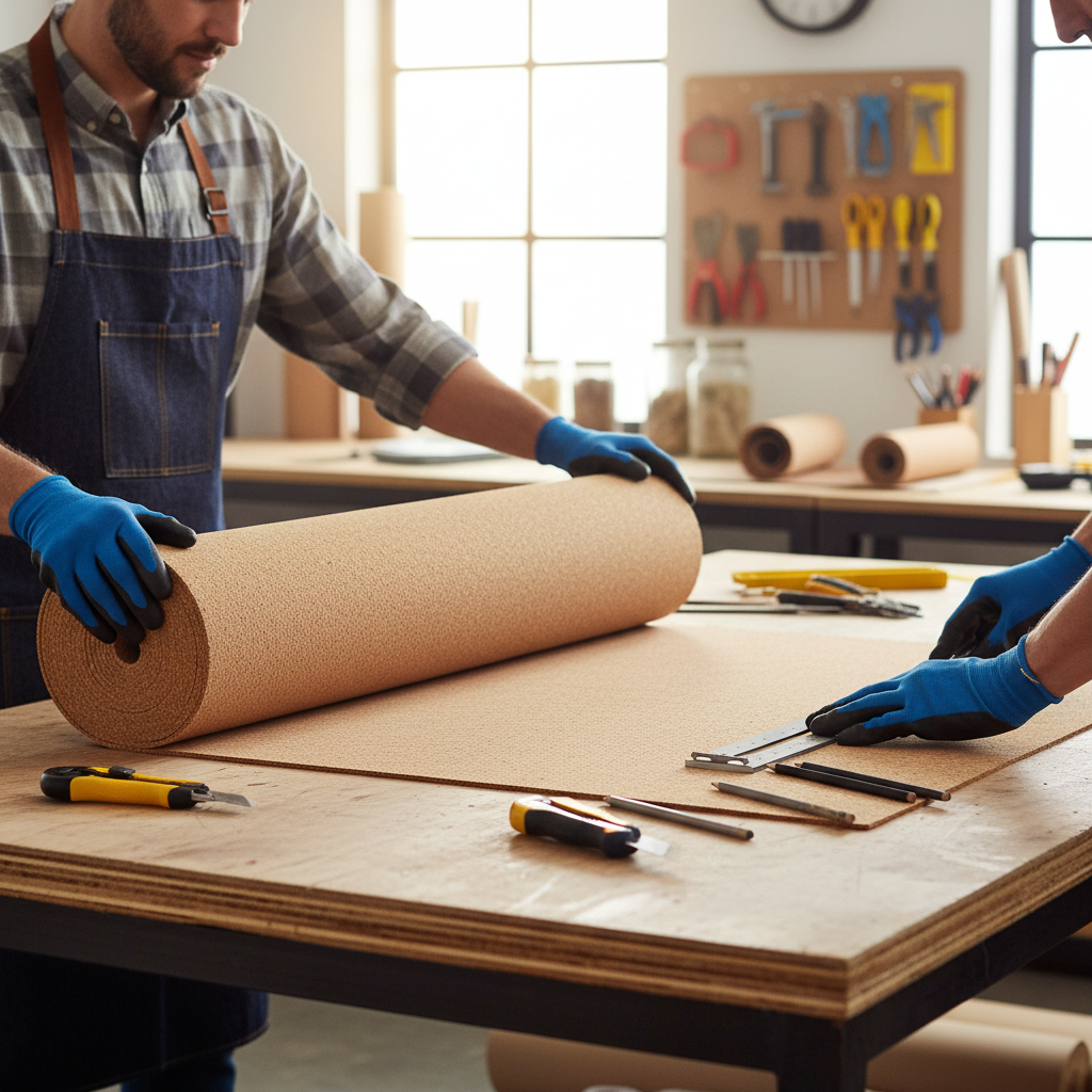 Premium Fine Grain Large Cork Roll - 3m x 1m - 3mm Thickness unrolled on a workbench, illustrating its suitability for soundproofing, acoustic insulation, and noise reduction in interior wall applications.
