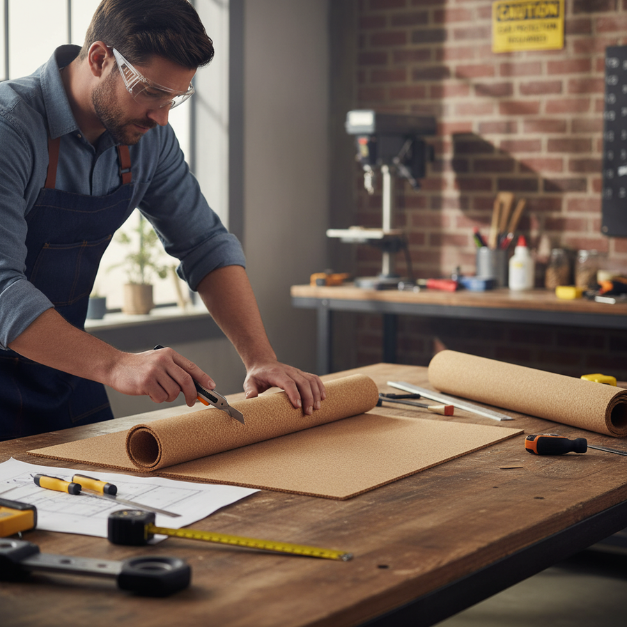 Man in workshop cutting Premium High Density Cork Rolls 915mm x 305mm - 2.5mm Thick - Pack of 4 for Train Track Underlay, ideal for soundproofing, noise reduction, and acoustic insulation projects.