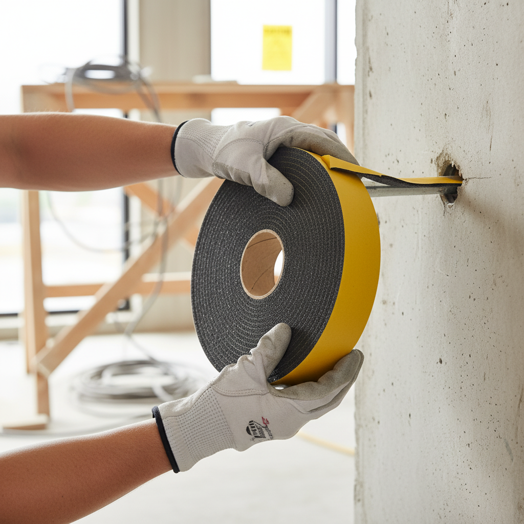 Premium Self-Adhesive dB Isolation Roll - 10000m x 100mm x 5mm for Acoustic Transfer Limitation being applied around a pipe in a construction setting, enhancing soundproofing and noise reduction in unfinished rooms.