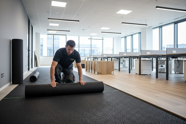 SilentCloud Acoustic Cork Rubber Underlay being unrolled by a tradesman in an office, showcasing premium soundproofing for noise reduction and acoustic insulation. Ideal for diverse floor types, enhancing sound insulation efficiency.