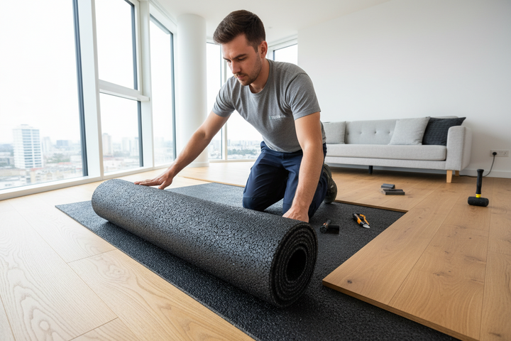 SilentCloud Acoustic Cork Rubber Underlay being installed in a modern living room. The man is unrolling the premium soundproofing floor underlay, emphasizing its noise reduction and acoustic insulation qualities.