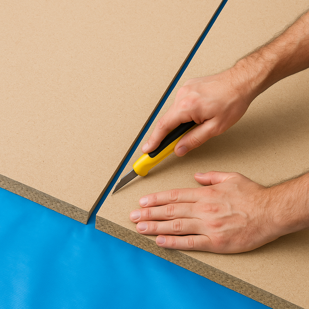 SilentBase Classic two-layer acoustic subfloor panels being scored and cut on blue DPM membrane — easy knife cutting installation step