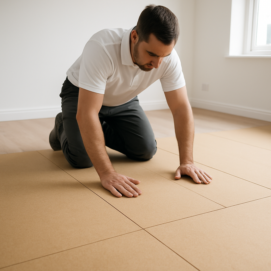 SilentBase Classic acoustic subfloor installation — contractor pressing tan fibreboard panels into position in modern UK apartment