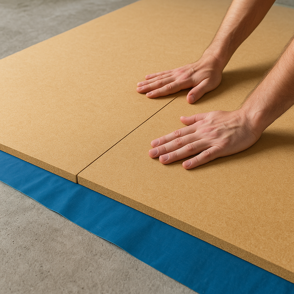 SilentBase Classic acoustic subfloor installation — contractor laying tan fibreboard panels over blue DPM