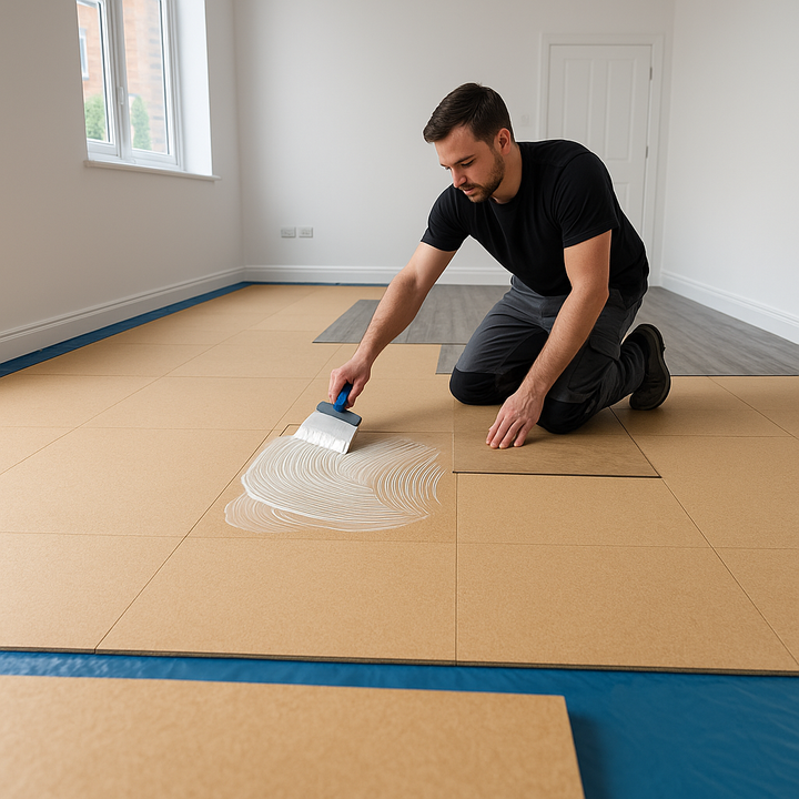 SilentBase Classic subfloor with LVT adhesive applied on top — fast-track acoustic floor system