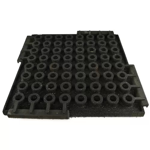 SilentTile 70mm Acoustic Gym Flooring Fitness Interlocking Tile/System features a black mat with round holes and interlocking tabs, ideal for soundproofing, noise reduction, and vibration damping in high-traffic, acoustic-sensitive environments.