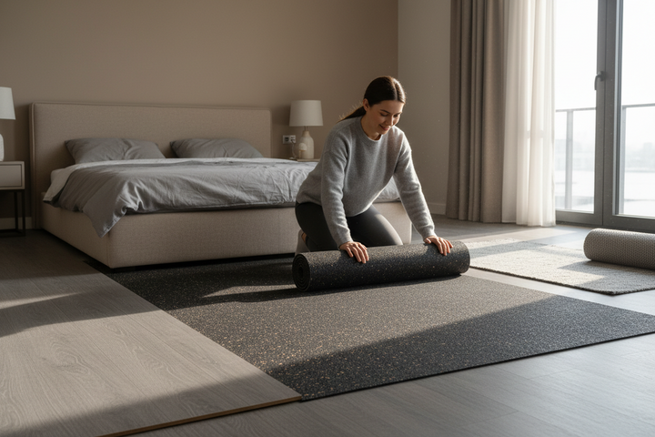 Woman kneeling on wood floor unrolling SilentCloud Acoustic Cork Rubber Underlay, showcasing premium soundproofing. Ideal for noise reduction and acoustic insulation in homes, visible as a dark, speckled mat.